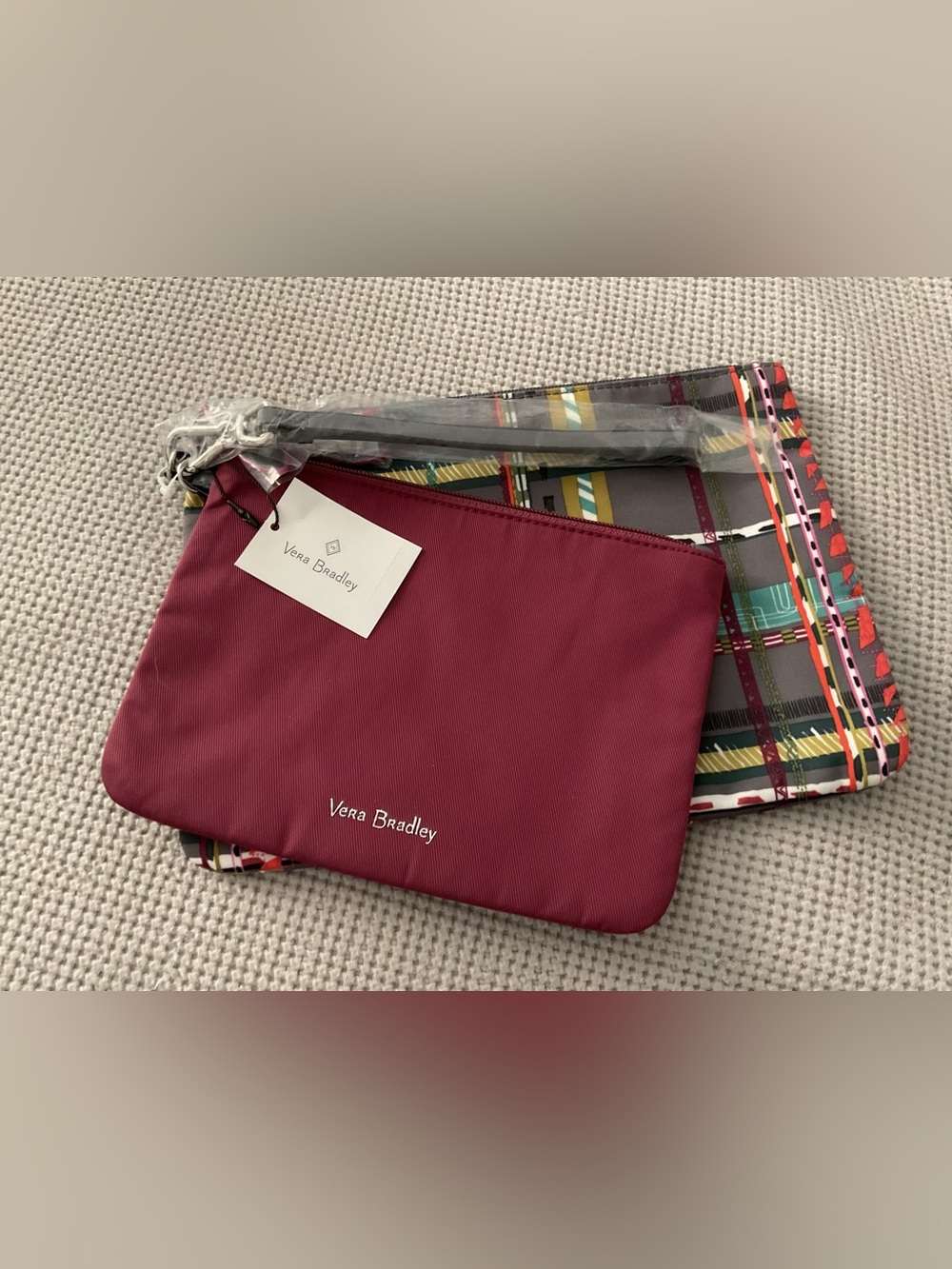 Vera Bradley Maroon and Plaid Double Pouch Wristlet Set
